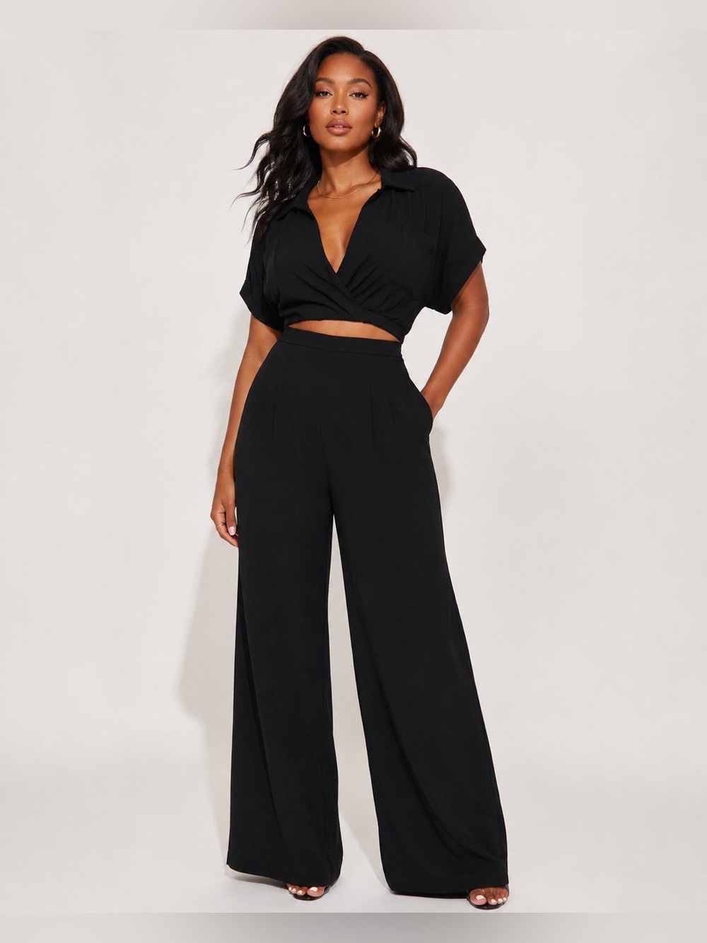 New Women's Black Crop Top and Wide Leg Linen Pants Set Size 1X